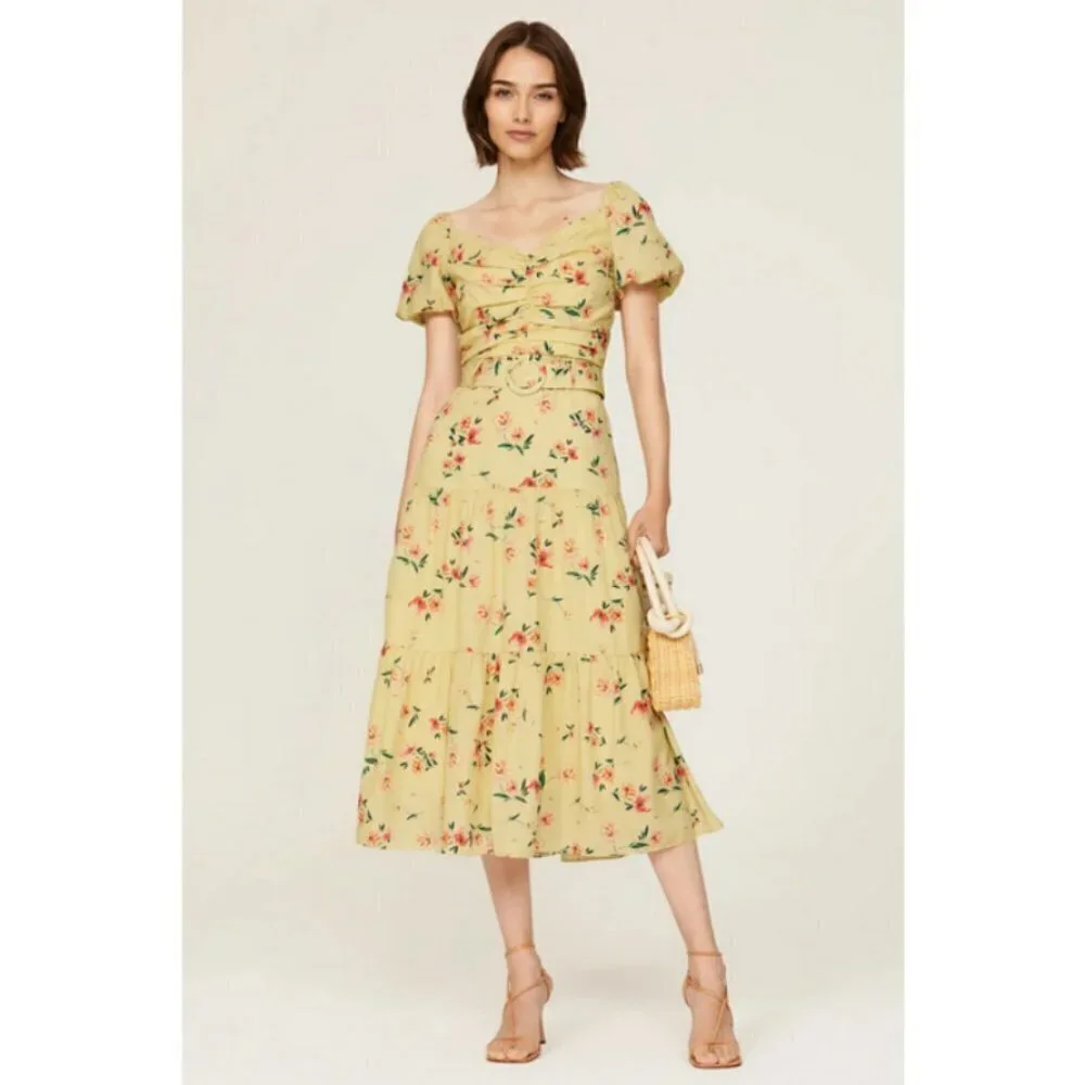 💕PALOMA BLUE💕 Evie Gathered Floral-Print Crepe Midi Dress Yellow Medium M NWOT - Picture 9 of 16